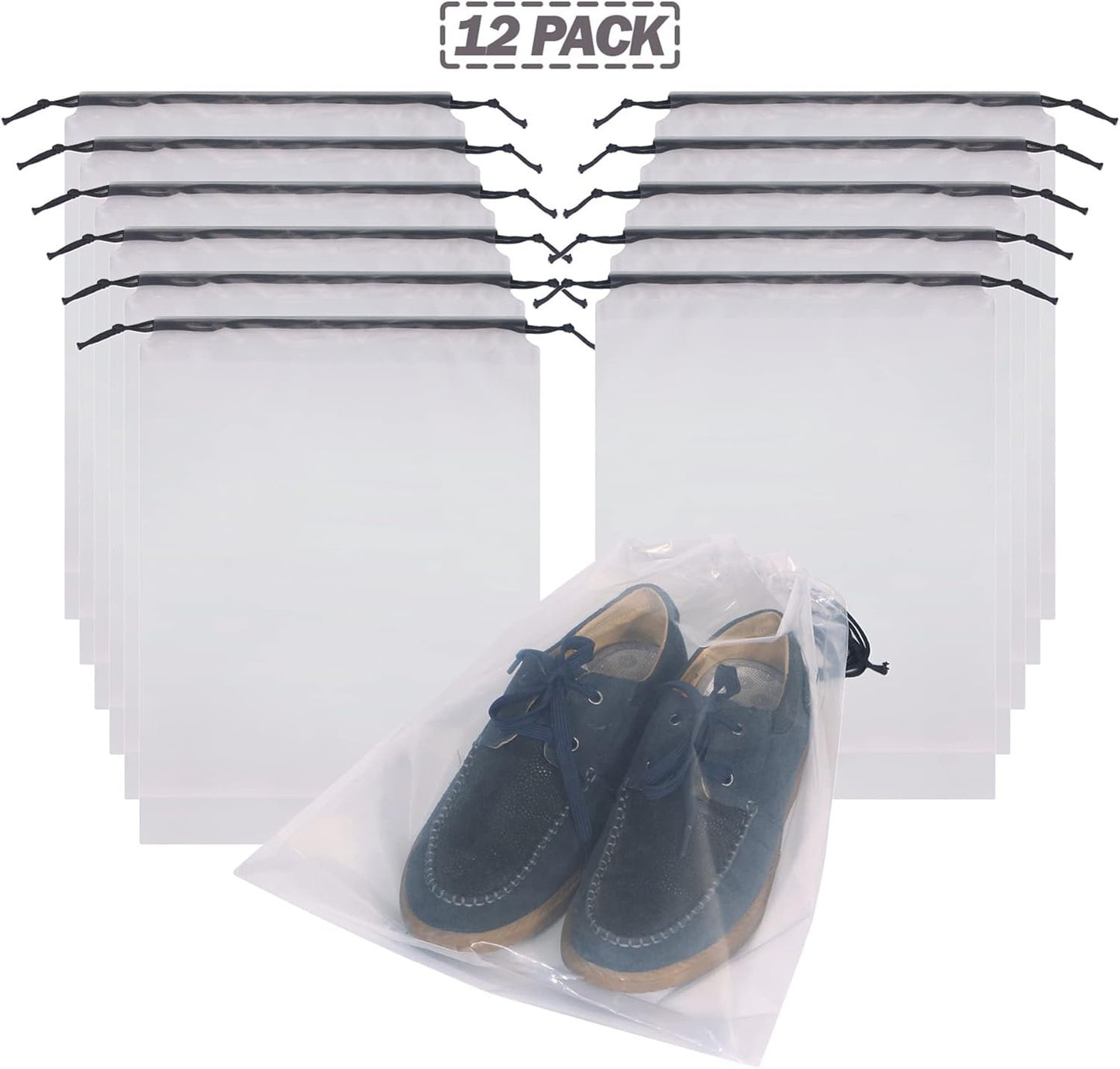 Set of 12 Transparent Shoe Bags for Travel Large Clear Shoes Storage Organizers Pouch with Rope for Men and Women, Clear 12PVC