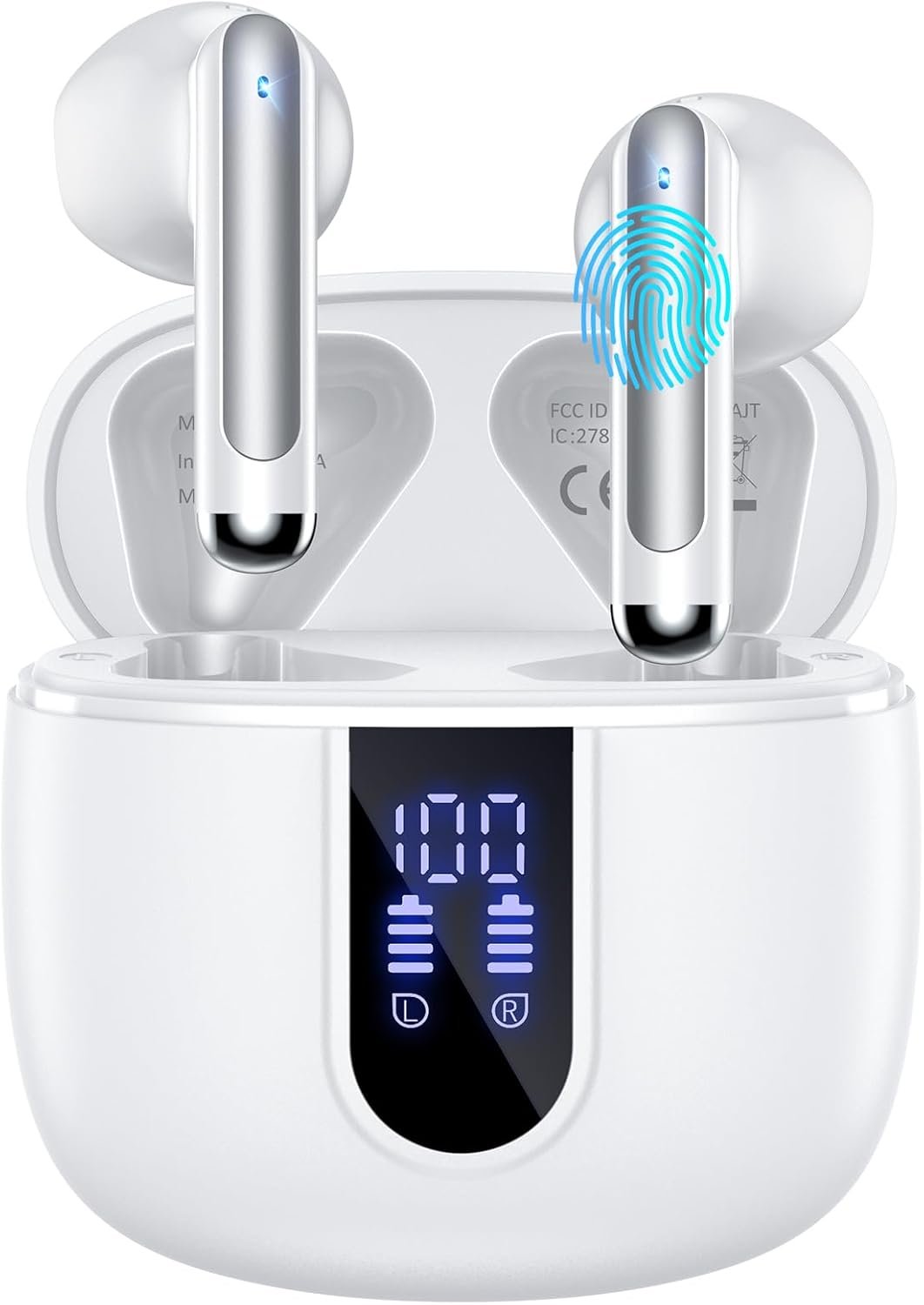 Wireless Earbuds, 2025 Bluetooth 5.3 Headphones HiFi Stereo with 4 HD Mic, 40H Playtime Bluetooth Earbuds with Dual LED Display, IP7 Waterproof Wireless Earphones, Touch Control Ear Buds,USB-C,White