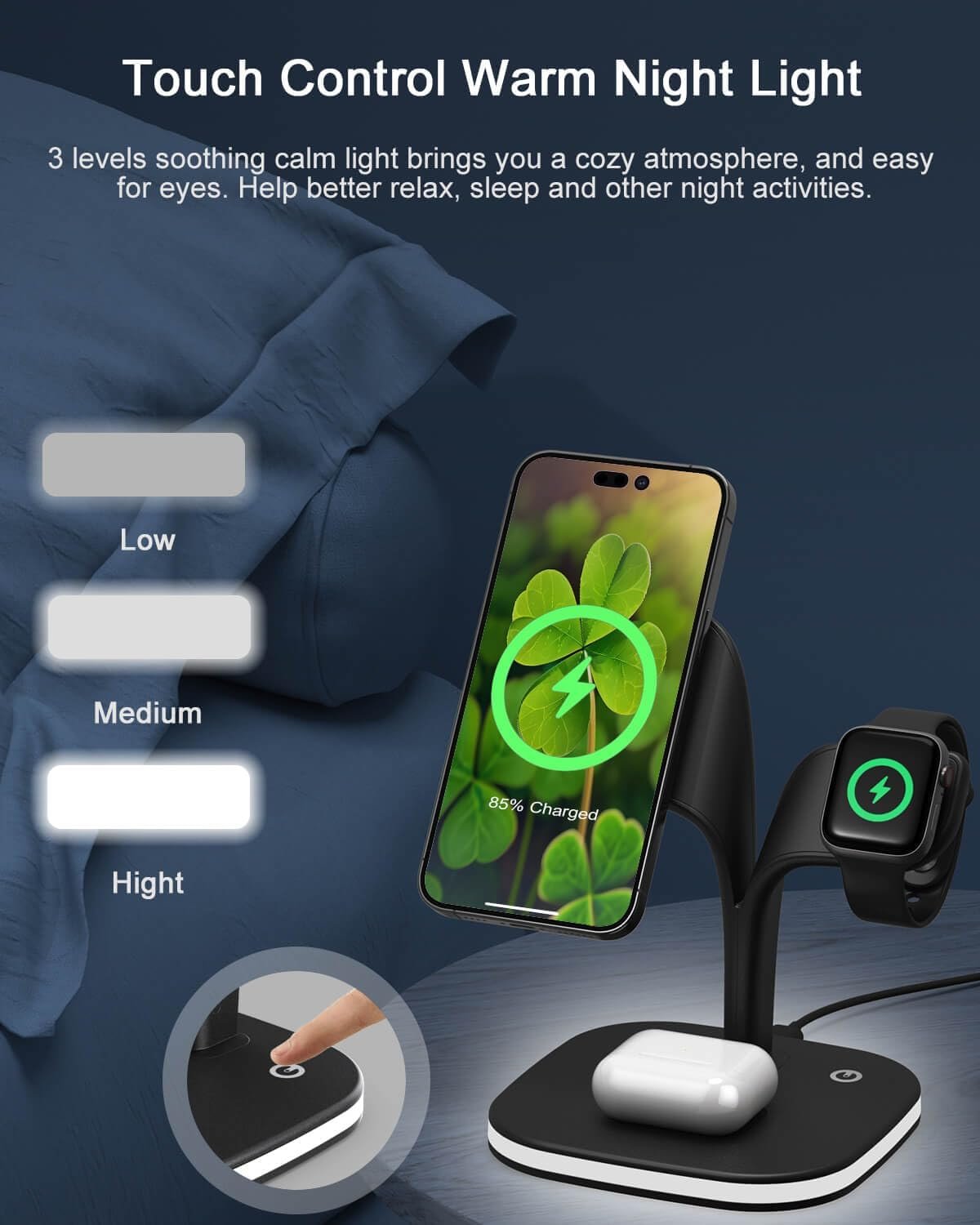3 in 1 Wireless Charger for Apple Multiple Devices, LDOBL MagSafe Charger with Night Light for iPhone 16 15 14 13 12 Pro Max Mini Plus, Apple Watch Ultra 10 9 8 7 SE 6 5 4 3 2, AirPods 4 3 Pro 2 (BLK)