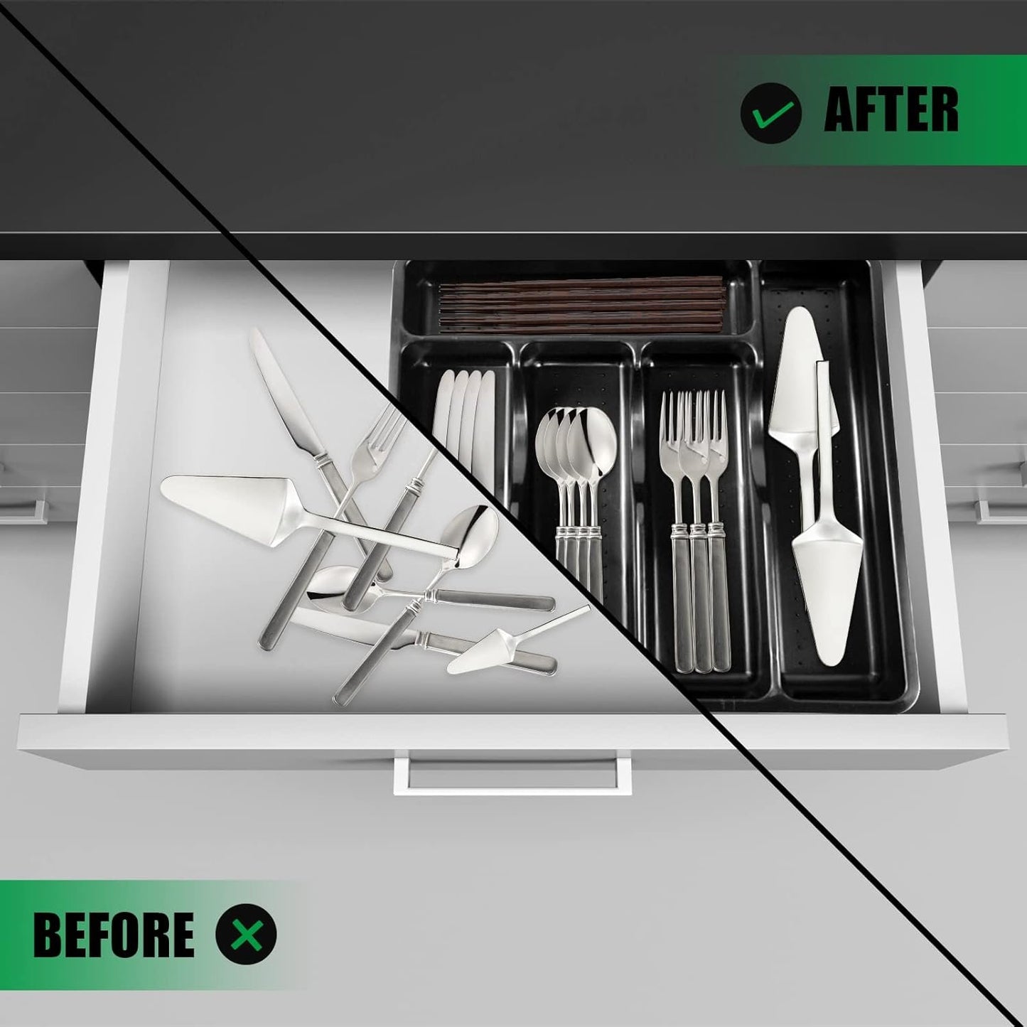 Gikecor Cutlery Organizer with Lid, Silverware Utensil Organizer for Kitchen Countertop, 5 Compartments Flatware Tray Drawer Organizer for Silverware