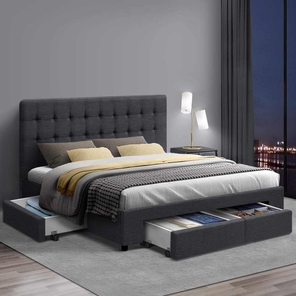 Artiss Double Bed Frame Platform Tufted Headboard Frames Beds Base with 4 Storage Drawers Bedroom Room Decor Home Furniture, Upholstered with Charcoal Faux Linen Fabric + Foam + Wood