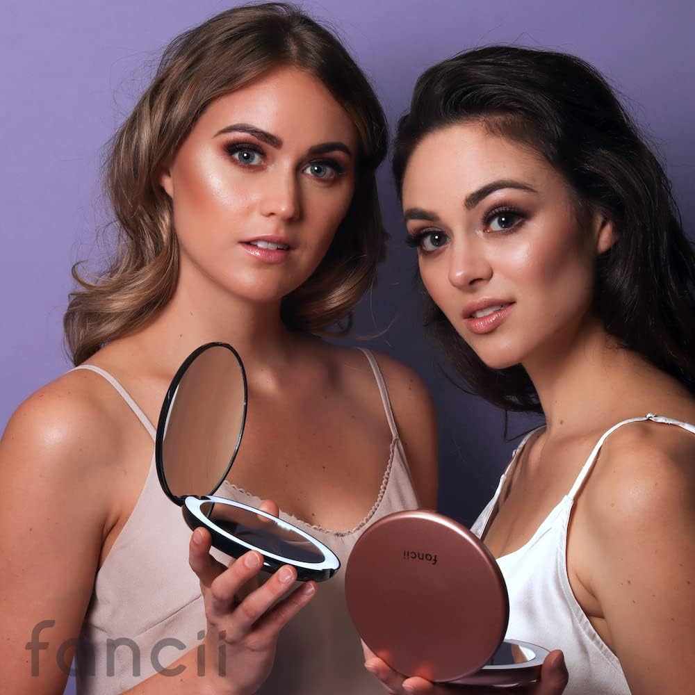 Fancii Taylor LED Lighted Travel Makeup Mirror, Rechargeable with 10x/1x Magnifying & 3 Light Settings - Compact, Portable, Large 5” Wide Hand Mirror for Handbag and Purses (Black)