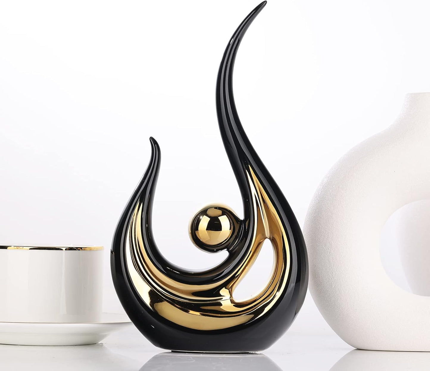 XMGZQ Black and Gold Ceramic Abstract Art Decor, Modern Abstract Flame Shape Statue for Home, Office, Dining Room