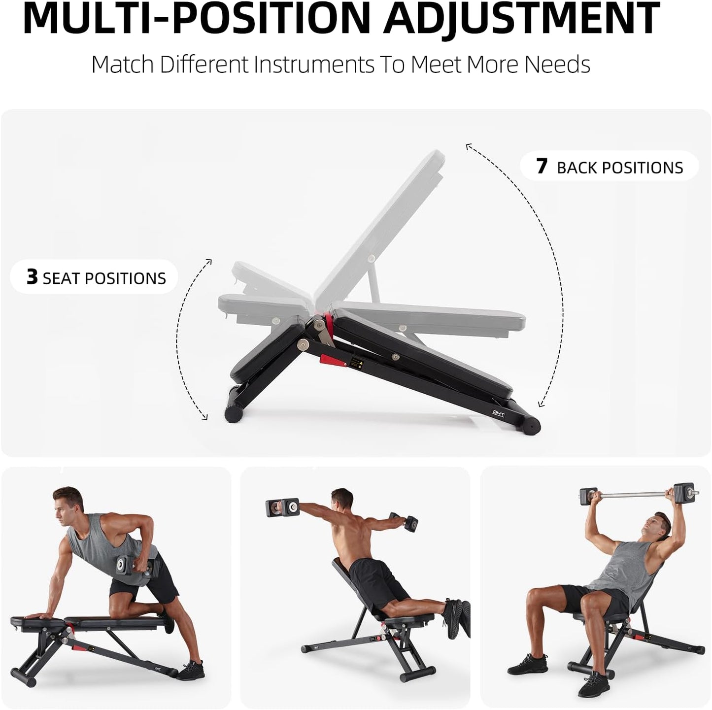 DHT Weight Bench, Adjustable Weight Benches for Home Gym, Workout Bench with Fast Folding, Incline Decline Bench Press for Full Body, Black