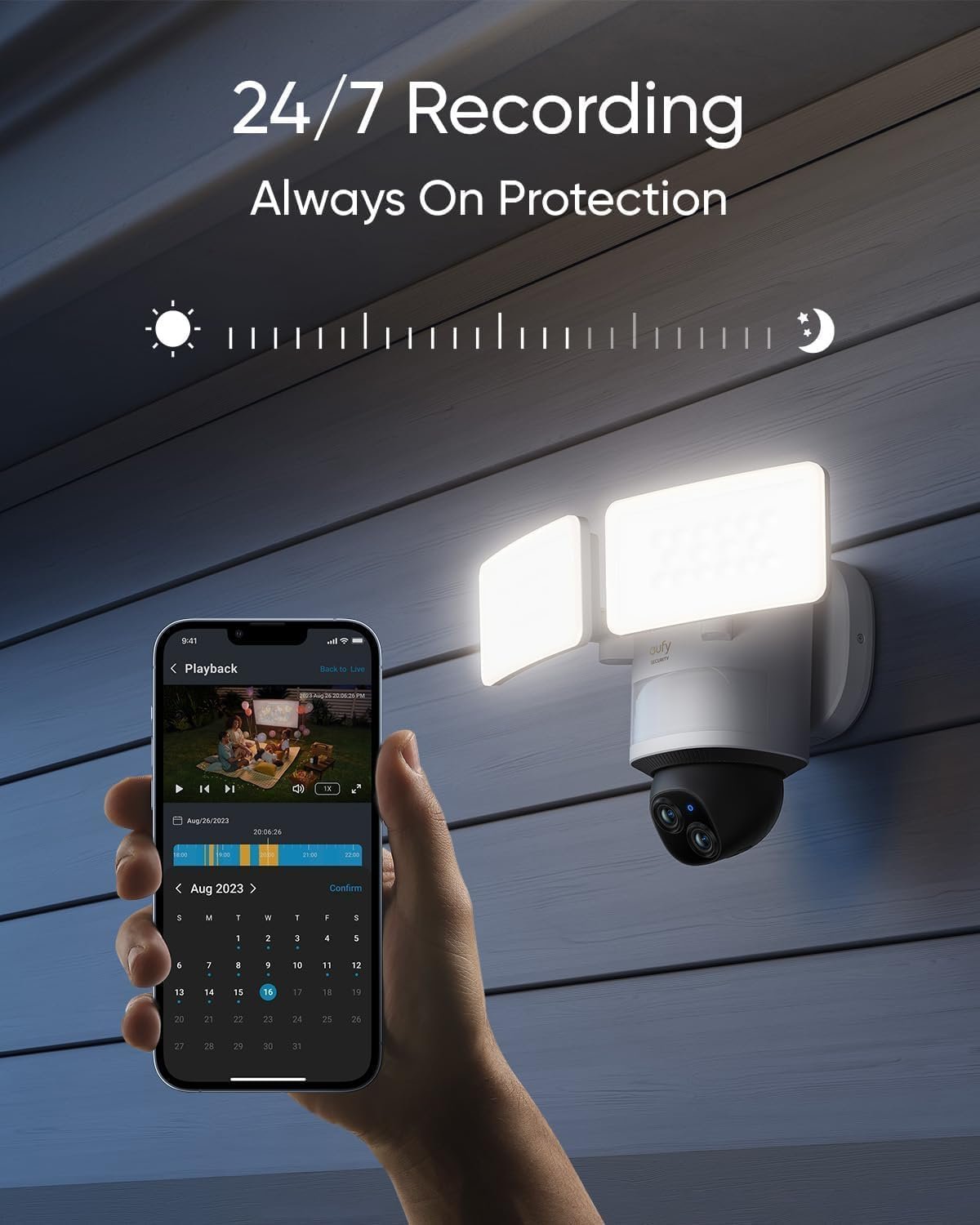 eufy Security Floodlight Camera E340 Wired, Security Camera Outdoor, 360Â° Pan & Tilt, 24/7 Recording, 2.4G/5G Wi-Fi, 2000 LM, Motion Detection, Built-In Siren, Dual Cam, HB3 Compatible, No Monthly Fee