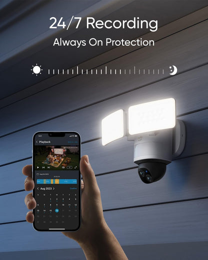 eufy Security Floodlight Camera E340 Wired, Security Camera Outdoor, 360Â° Pan & Tilt, 24/7 Recording, 2.4G/5G Wi-Fi, 2000 LM, Motion Detection, Built-In Siren, Dual Cam, HB3 Compatible, No Monthly Fee
