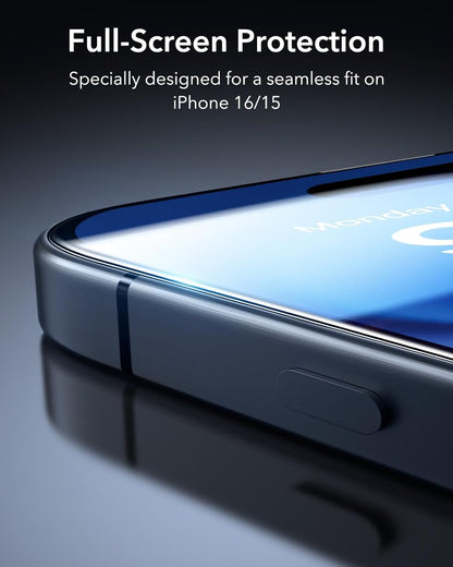 ESR 3 Pack for iPhone 16 / iPhone 15 Screen Protector, Tempered Glass Film with Easy Installation Tool, 9H Hardness, Military-Grade Shatterproof, Full Coverage, HD Clear, Scratch Resistant