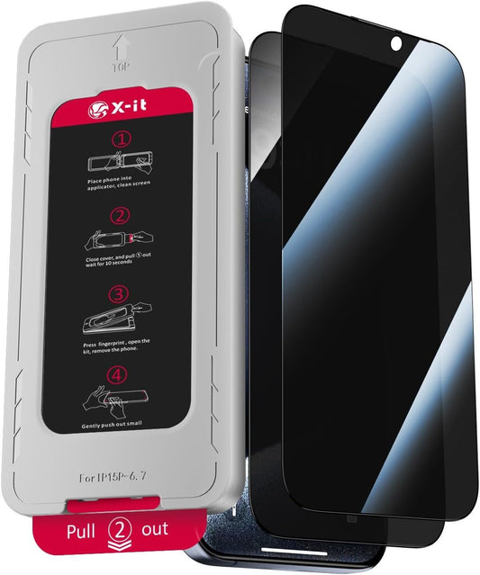 X-it 2-Pack Screen Protector Privacy for iPhone 15 Pro Max 9H+ Military Grade Tempered Glass, Anti-Scratch, Auto-Dust Removal, Bubble-Free, Full Coverage, Case Friendly