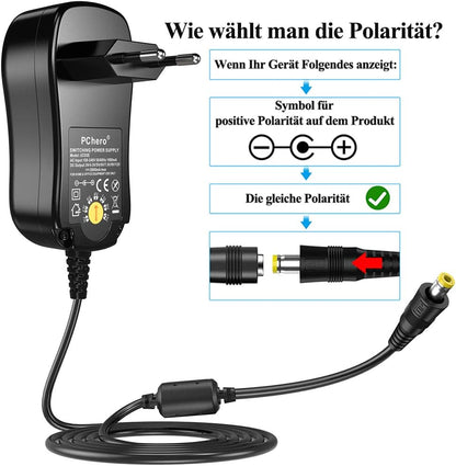 Universal AC/DC Power Adapter, PChero 24W Switching Power Supply with 8 DC Plugs, Including Micro USB Connector for 3/4.5/5/6/7.5/9/12V Home Electronics – 2000 mA Max.