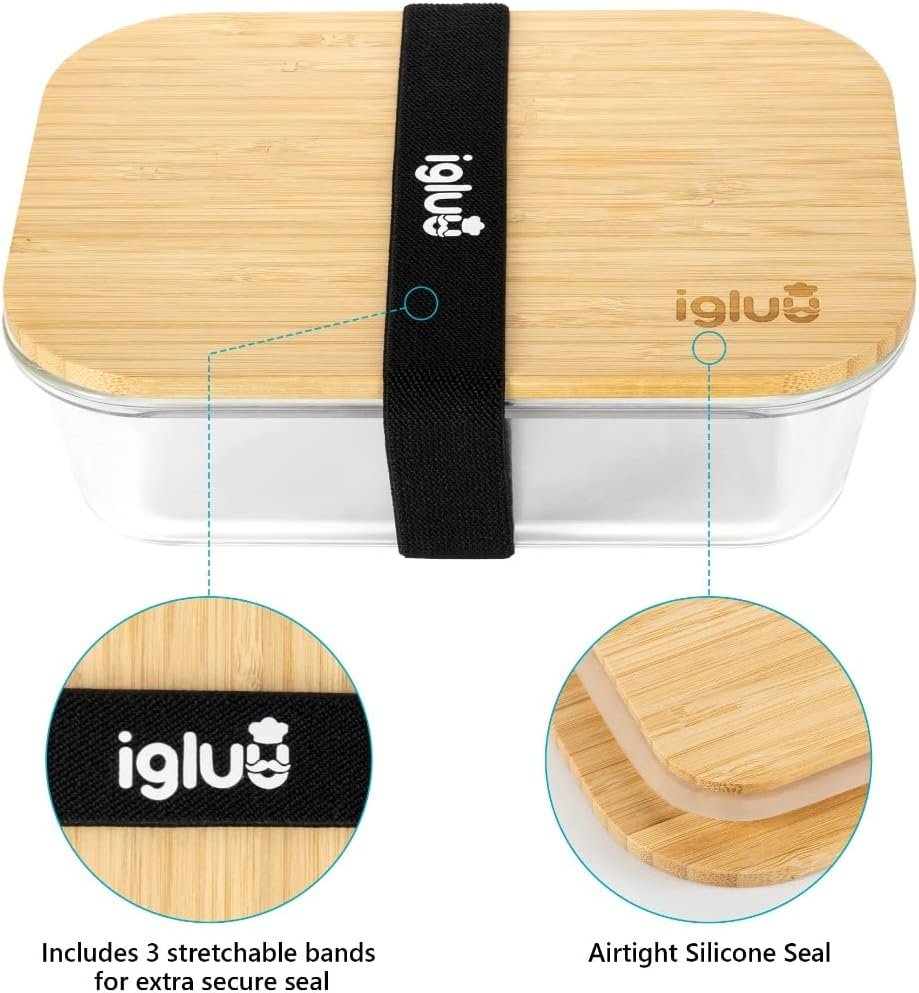 Igluu Meal Prep Glass Food Storage Containers (Set of 3), Eco-friendly Food Containers with Bamboo Lids, Nesting Glass Meal Prep Containers, Airtight Lunch Box, Plastic-free (with 3 stretchable bands)