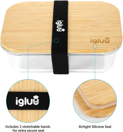 Igluu Meal Prep Glass Food Storage Containers (Set of 3), Eco-friendly Food Containers with Bamboo Lids, Nesting Glass Meal Prep Containers, Airtight Lunch Box, Plastic-free (with 3 stretchable bands)