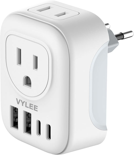 VYLEE Travel Plug Adapter, International Plug Adapter with 4 AC Outlets 2 USB Ports (2 USB C Port), Type C Power Adaptor Charger for The US to Most of Europe Iceland Spain Italy France Germany