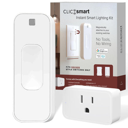 ClicSmart Rocker Smart Home Lighting Automation Starter Kit for Rocker Style Wall Switches Includes One WiFi Outlet Smart Plug and One Magnetic Bluetooth Rocker Switch Controller Free ClicSmart App