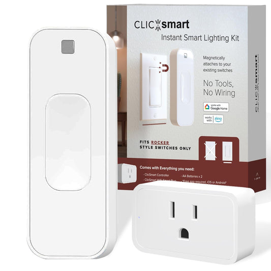ClicSmart Rocker Smart Home Lighting Automation Starter Kit for Rocker Style Wall Switches Includes One WiFi Outlet Smart Plug and One Magnetic Bluetooth Rocker Switch Controller Free ClicSmart App