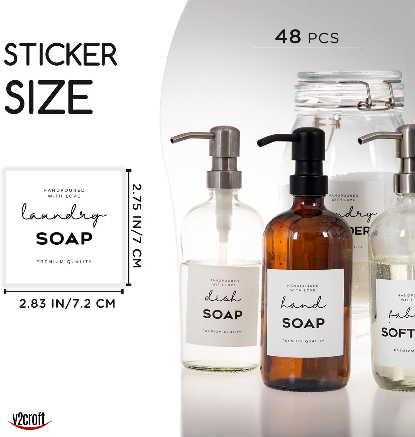 Minimalist Laundry Room Labels set, v2croft 48 White matte stickers on Clear Canisters, Home organization Stickers for cabinet & drawer, laundry room, linens & cleaning supplies(Water Resistant)