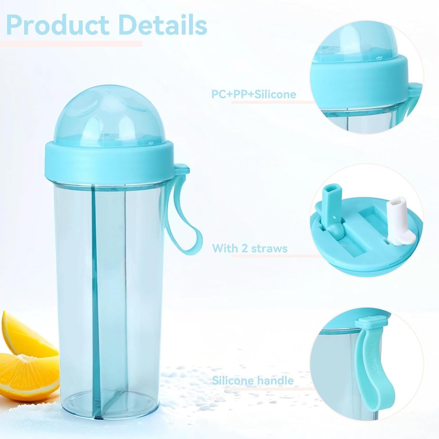 Creative Water Cup, 600ml 2 Drinks in 1 Cup Two Straws Dual Use Couple Water Bottle Travel Dual Use Drinking Bottle Straw Cup for Sport, Camping, Home, Outdoor