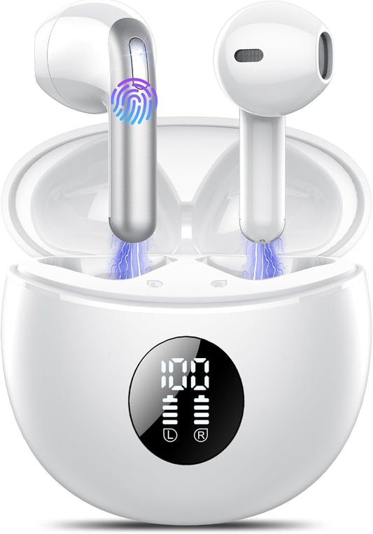 Wireless Earbuds, Bluetooth 5.4 Headphones with 4 ENC Noise Cancelling Mic, Deep Bass, IP7 Waterproof, 50H Playtime, LED Display, in Ear Earphones for Phone, Tablet, Laptop, Sports, White
