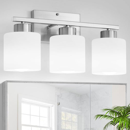 Capaaobc 3 Light Bathroom Light Fixtures, Brushed Nickel Vanity Lights Over Mirror for Bathroom, Modern Bathroom Vanity Light with Milky White Glass Shades, Anti-Rust E26 Base Lighting Fixtures