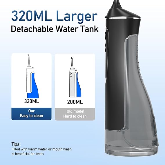 Electric Water Flosser Pick - 320ML Larger Tank 4 Modes Cordless Portable Oral Irrigator,IPX7 Waterproof Dental Flosser,Professional Water Teeth Cleaner Picks for Home Travel (Black)