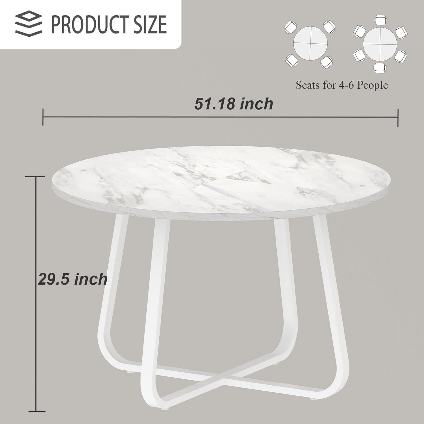 LVB White Faux Marble Round Dining Table, Circle Dining Table Kitchen 4-6 People, Mid-Century Pedestal Dinner Office Living Room, White Marble, 51 Inch