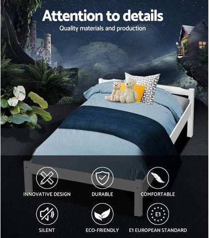 Artiss Bed Frame Wooden Single, White Single Bed Base with 26cm of Storage Space, Sturdy Timber Bed Frame, Solid Pine Wood Platform，Platform Base with Headboard for Guest Room, No Box Spring Needed