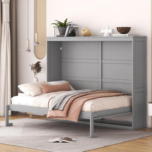 Murphy Wall Cabinet Bed with Foldable Design Space Saving with Slatted Base for Guest Room Home Office Small Apartment MDF Plywood Frame No Box Spring Needed (Gray,Full)