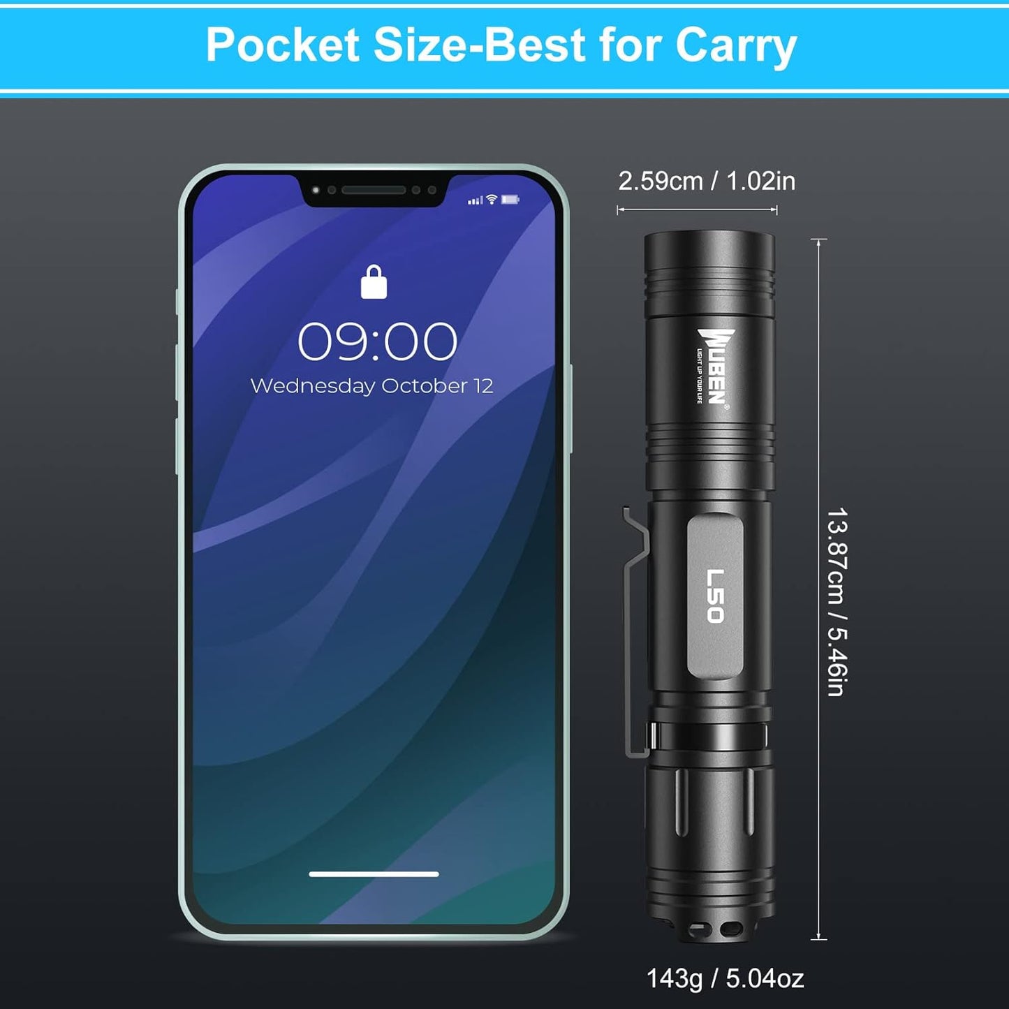 WUBEN L50 LED Torch Rechargeable Flashlight with High Lumens, 1200 Lumens Super Bright Pocket Torch, 5 Modes & IP68 Waterproof Handheld Tactical Flashlight for Camping, Hiking, Emergency, Gift (Black)