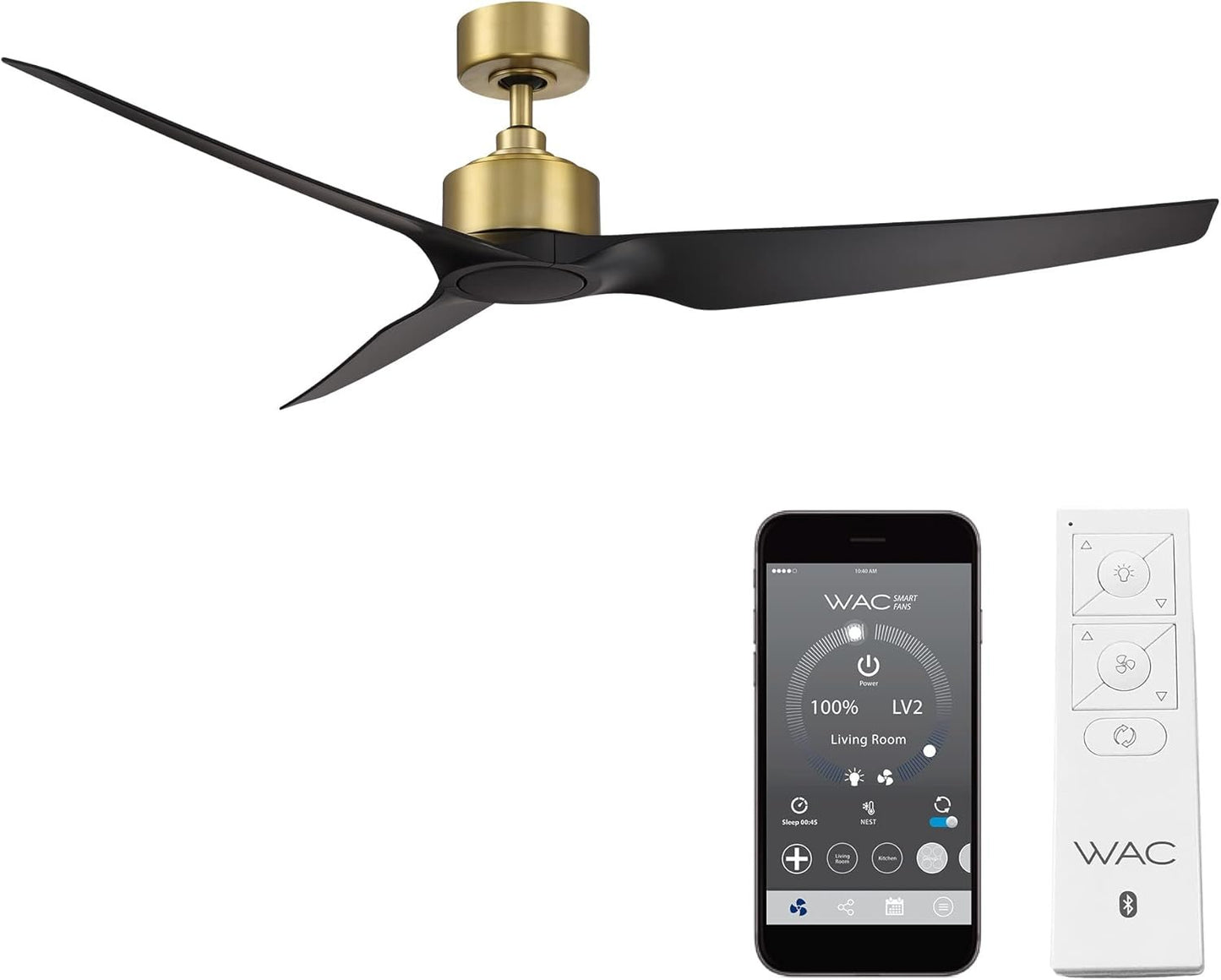 WAC Lighting Stella Indoor and Outdoor 3-Blade Smart Home Ceiling Fan 60in Soft Brass Matte Black with Remote Control works with Alexa and iOS or Android App (NO LED LIGHT KIT)