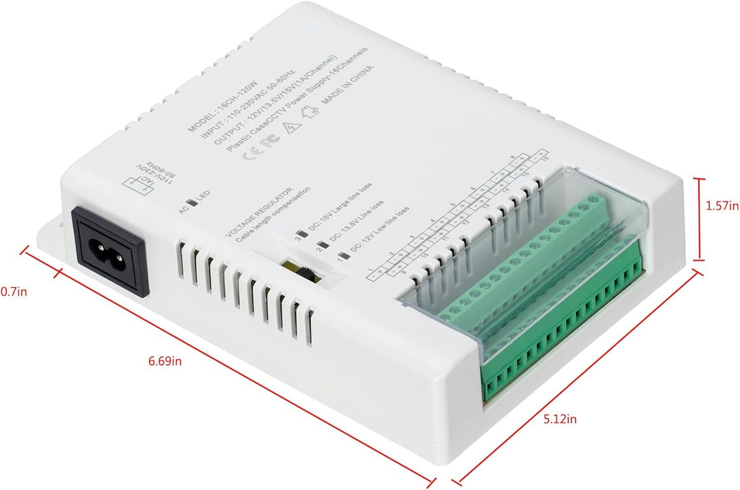 16 Channel CCTV Camera Power Supply Distribution Power Supply 90V-264VAC Input to 12V-13.8-15VDC Output Security Camera Power Adapter with PTC Fuse (HD16C120W)