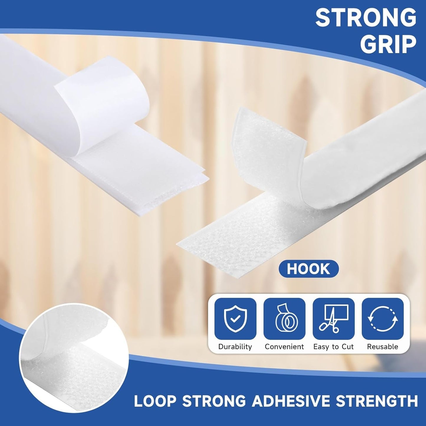 3/4 inch*32.8 ft Hook and Loop Tape Roll, Self-Adhesive Strips Double Sided Tape Heavy Duty Industrial Strength Sticky Fastener for Home, Office, Classroom and Tool Organization