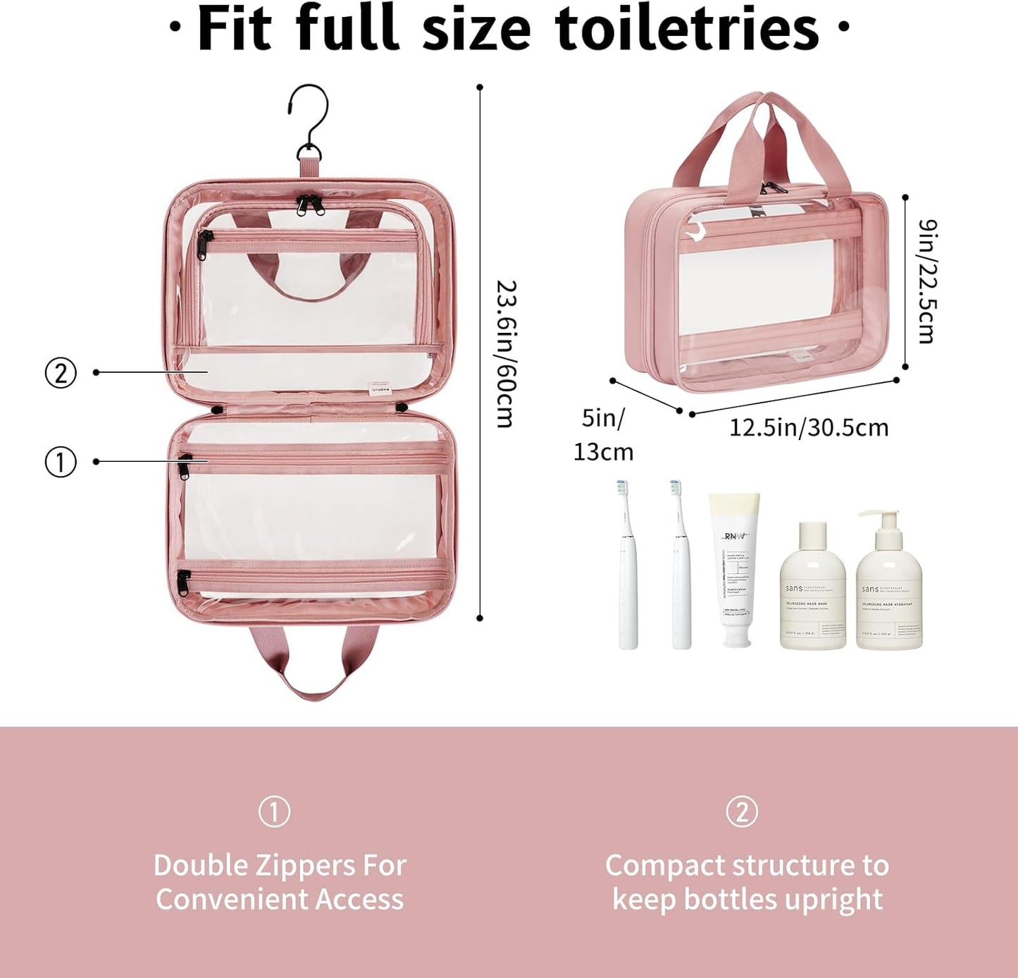 ECOHUB Clear Hanging Toiletry Bag, 9L Large Capacity Travel Makeup Bag, Waterproof Cosmetic Bag Fit Full Sized Toiletries or Cosmetics, Foldable Hygiene Bag for Makeup Accessories (Pink)