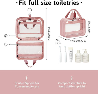 ECOHUB Clear Hanging Toiletry Bag, 9L Large Capacity Travel Makeup Bag, Waterproof Cosmetic Bag Fit Full Sized Toiletries or Cosmetics, Foldable Hygiene Bag for Makeup Accessories (Pink)