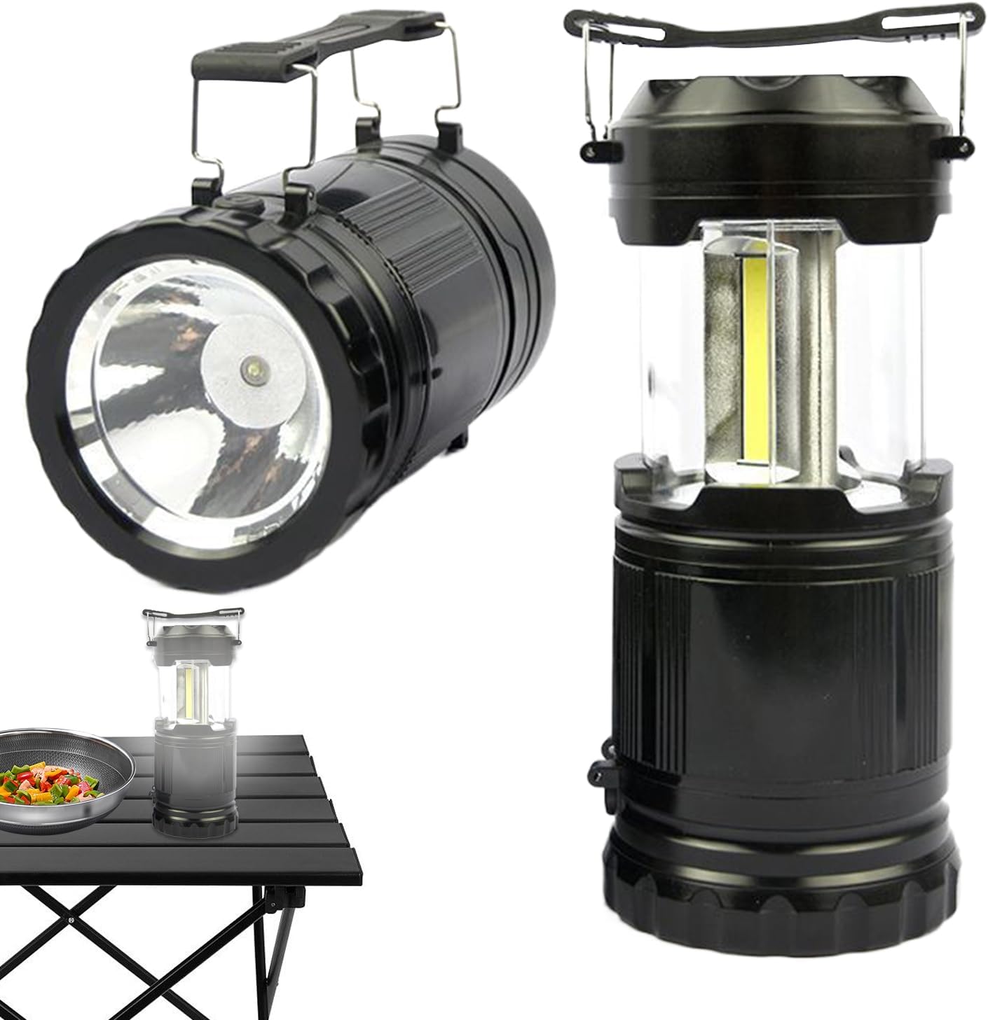 Zqkimzi LED Camping Lantern, Foldable Battery Powered Lantern, With Hook and Handle, Long Lasting Outdoor Lighting Multi Functional Survival Gear for RV, Travel, Hiking, Black