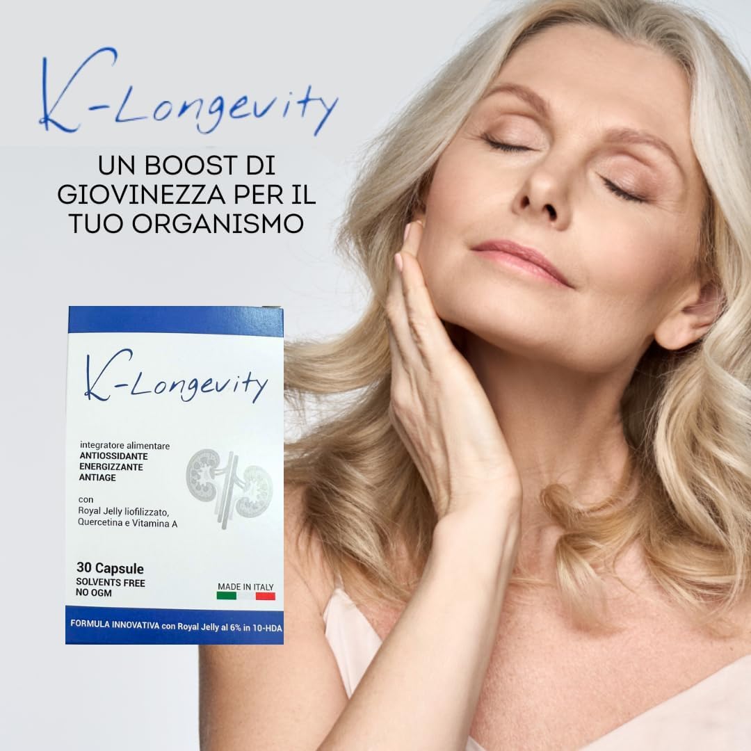 K-Longevity Anti-Aging Food Supplement Energizing Antioxidant with Royal Jelly Quercetin Vitamin A Royal Jelly Immune Defenses Sugar-Free Fights Fatigue Fatigue Free Radicals
