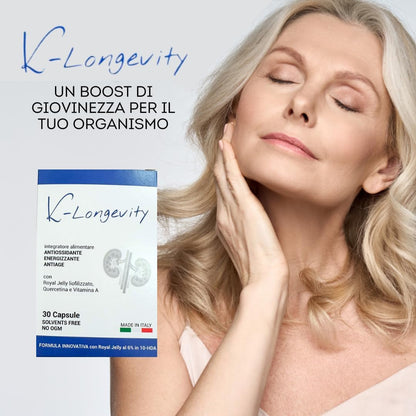 K-Longevity Anti-Aging Food Supplement Energizing Antioxidant with Royal Jelly Quercetin Vitamin A Royal Jelly Immune Defenses Sugar-Free Fights Fatigue Fatigue Free Radicals