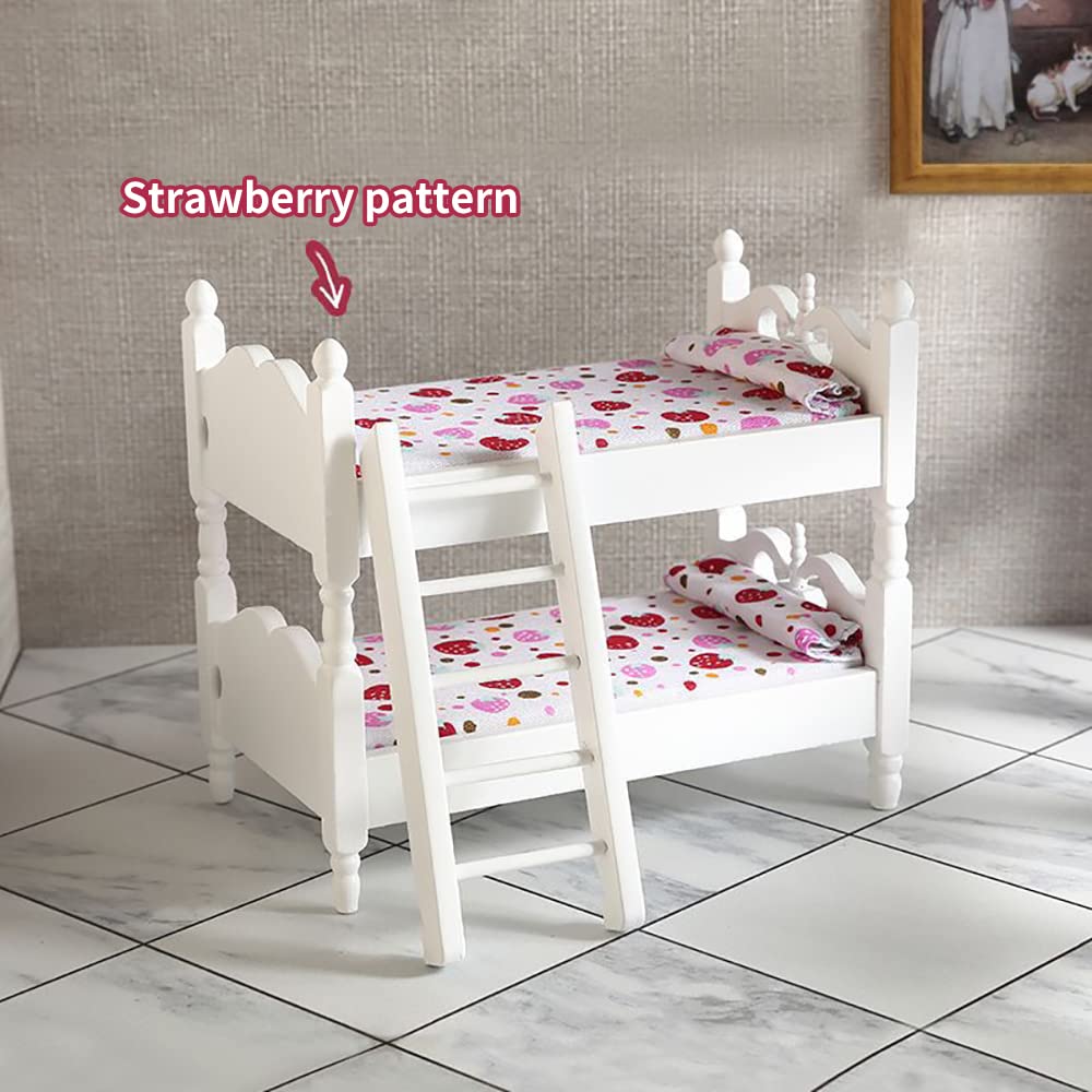 WANGCL Doll Bed 1/12 Miniature Bunk Bed Wooden Dollhouse Furniture for Barbie Dolls Bed Decoration - Strawberry Pattern