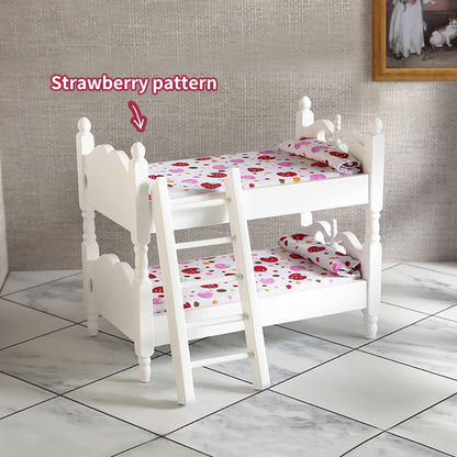 WANGCL Doll Bed 1/12 Miniature Bunk Bed Wooden Dollhouse Furniture for Barbie Dolls Bed Decoration - Strawberry Pattern