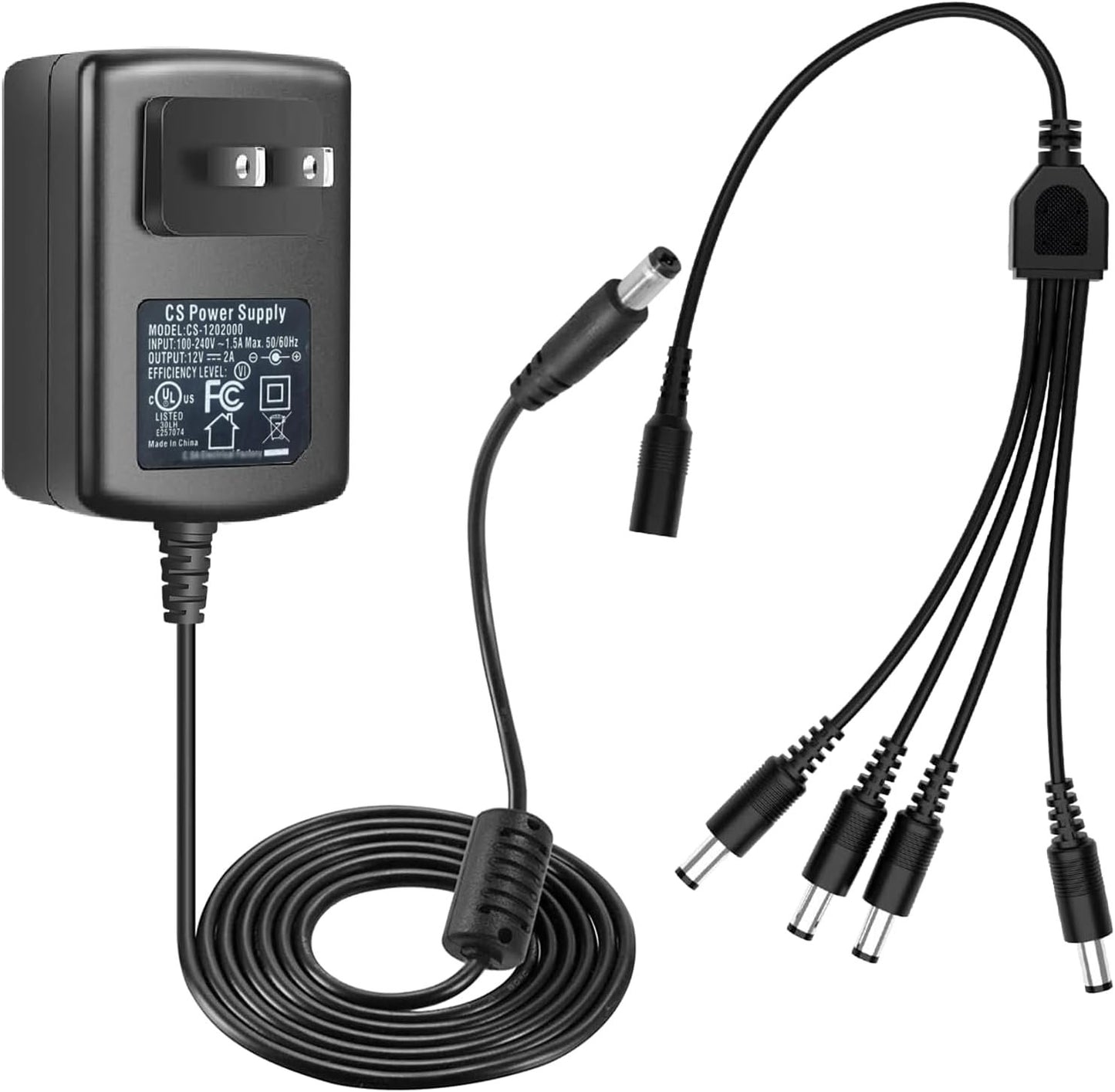 Tonton DC 12V 2A Security Camera Power Supply Adapter Combine with 1 to 4 Power Splitter for CCTV Security Camera System, UL/FCC Certificate for North America