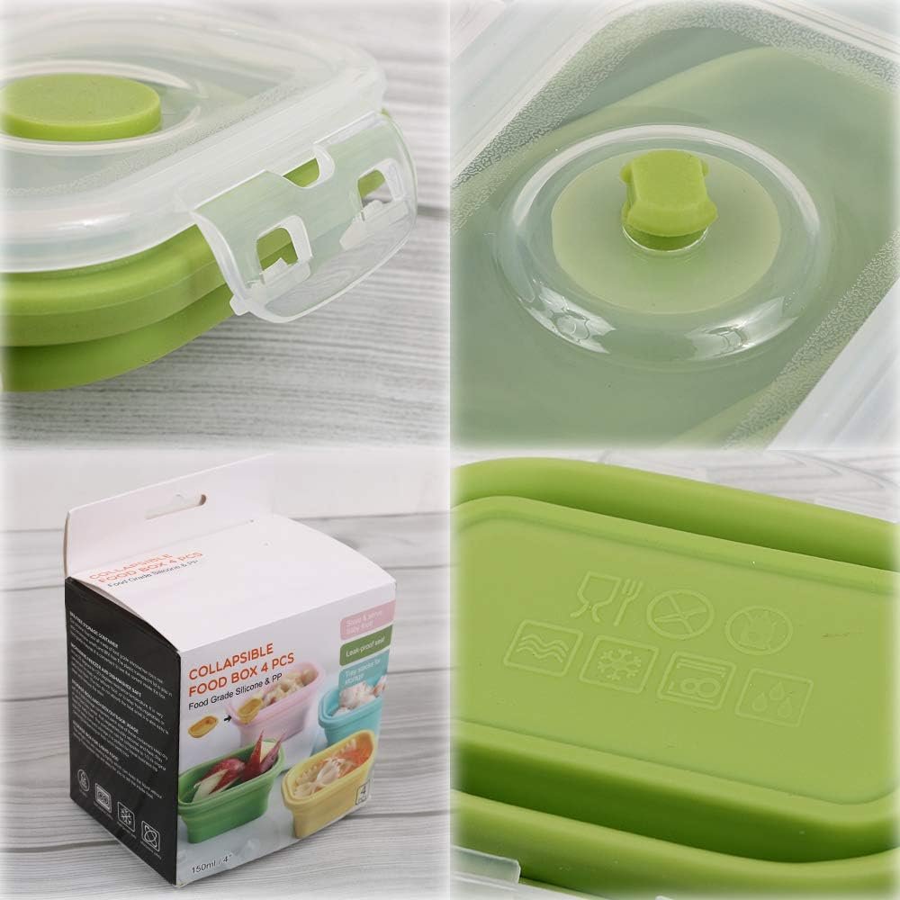 Cozihom Pack of 4, Collapsible Food Supplement Box, Collapsible Silicone Food Storage Container with Clip-on Lid, Portion Control Containers, Stackable, Space Saving, Microwave/ Fridge/ Freezer/Dishwasher Safe, BPA Free, 5 Oz