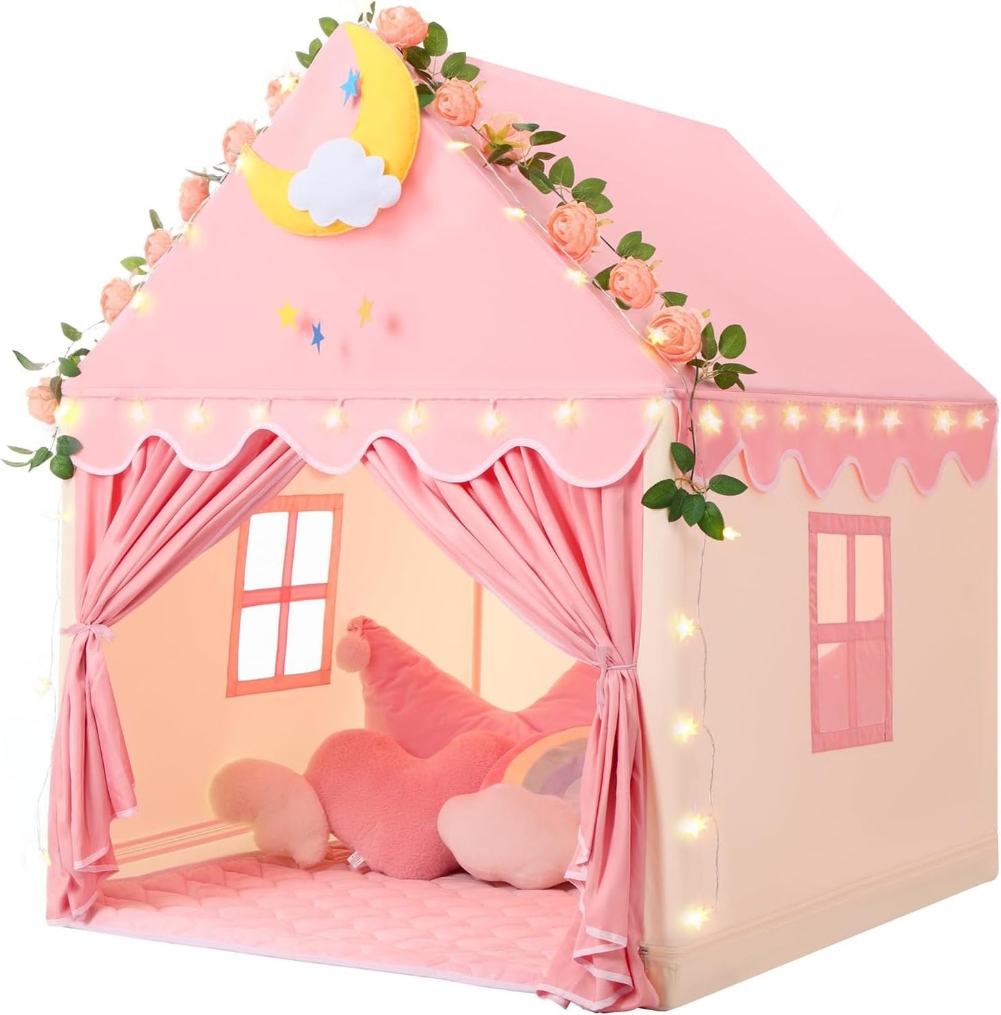 Wilwolfer Kid Tent with Mat, Star Lights - Kids Play Tents for Toddlers Kids Tents Indoor Playhouse - Princess Tent for Girls Toy House Gift - Pink Play Tent - NO Flowers & Moon Decor