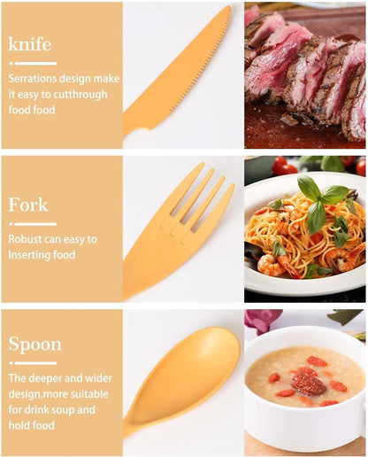 Large Travel Cutlery Set with Case, Portable Camping Utensils Reusable Plastic Knife Spoon and Fork Set, 3 Sets Travel Utensil Set for Lunch Box, Work, Picnic (Orange, Yellow, Dark Green)