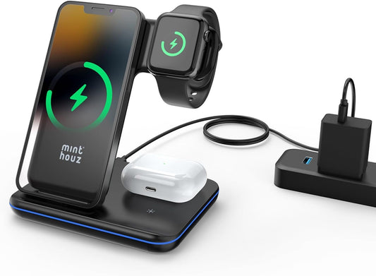 Minthouz 3 in 1 Wireless Charger (18W QC3.0 Adapter Included),15W Fast Wireless Charging Station for Smart Phone/iWatch/TWS Earphones, Compatible with iPhone 15 14 13 12 11 X8 Series, Samsung S22-S21+