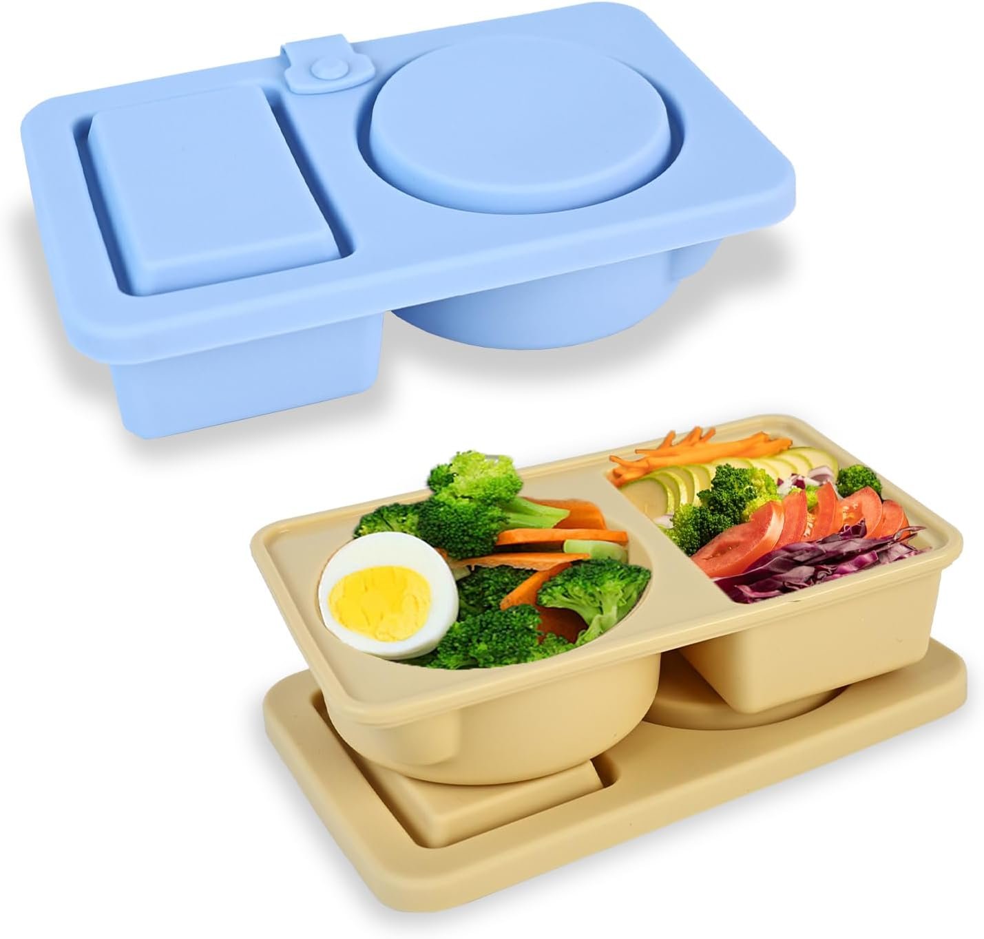 Fidqiog Reusable Silicone Snack Containers with Lids 2-Pack, Double Compartment Leak-Proof Food Storage for Snacks, Sauces, Condiments