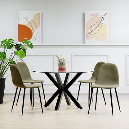 120cm Round Table w/ 4 Chairs Dining Set Velvet Fabric Indoor Furniture (Olive, Black Table)