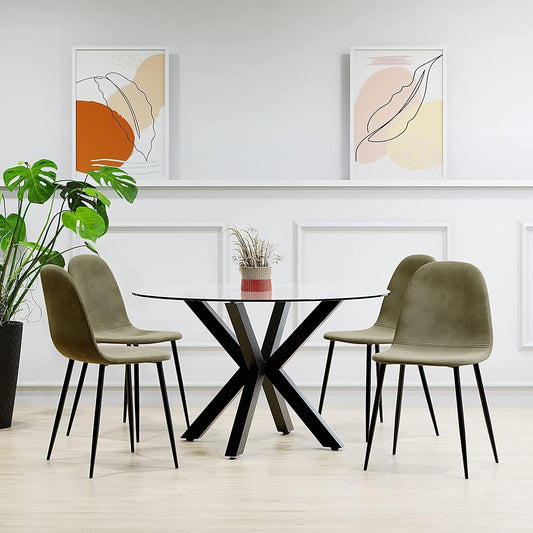 120cm Round Table w/ 4 Chairs Dining Set Velvet Fabric Indoor Furniture (Olive, Black Table)