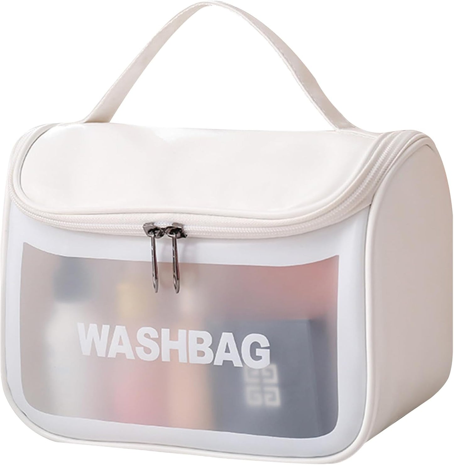 Travel Clear Makeup Bag, Portable Waterproof Cosmetic Organizer Case with Handle for Women, Essential Carry-on Travel Accessories for Toiletries and Brushes (White)