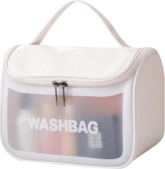 Travel Clear Makeup Bag, Portable Waterproof Cosmetic Organizer Case with Handle for Women, Essential Carry-on Travel Accessories for Toiletries and Brushes (White)