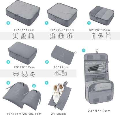 Shrubz 12 Pieces Organizer Suitcases, Packing Cubes, Clothing Underwear Footwear Organizers Sacks Storage Suitcase Set, Organizer for Travel Holidays, Grey