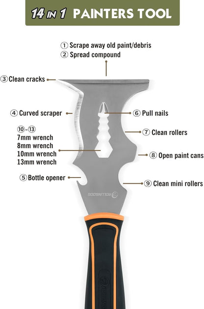 ROLLINGDOG Paint Scraper - 3" Putty Knife Scraper with Stainless Steel Blade,Metal Hammer End,Multi Tool (14 in 1)