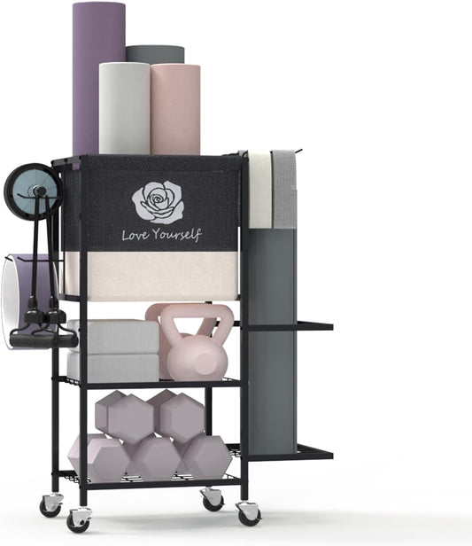 Yoga Mat Storage Rack, Home Gym Equipment Organizer on Wheels - Fitness Weight Rack for Mats, Blocks, Foam Rollers, Resistance Bands, Dumbbells, Kettlebells and More